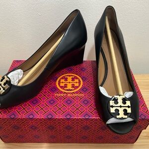 New Tory Burch Black Wedges with Gold Logo